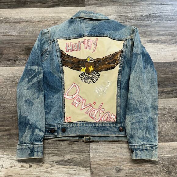 Vintage 1980s Harley Davidson Hand Painted Levis Dyed Light Wash Jacket Eagle‎ - Picture 1 of 9